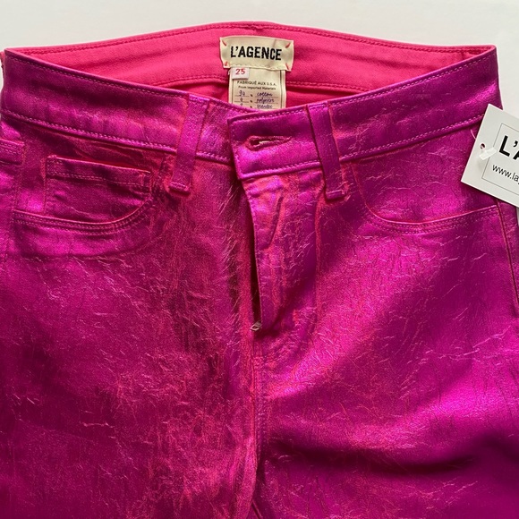 L'AGENCE Coated Foil Metallic Stretch High Rise Skinny Jeans Hot Pink 25 - Picture 4 of 15